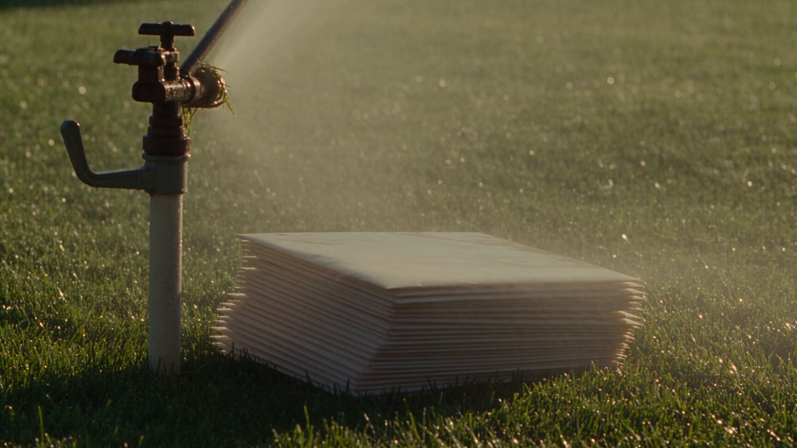 A lawn sprinkler soaks a stack of blank envelopes left on the grass.