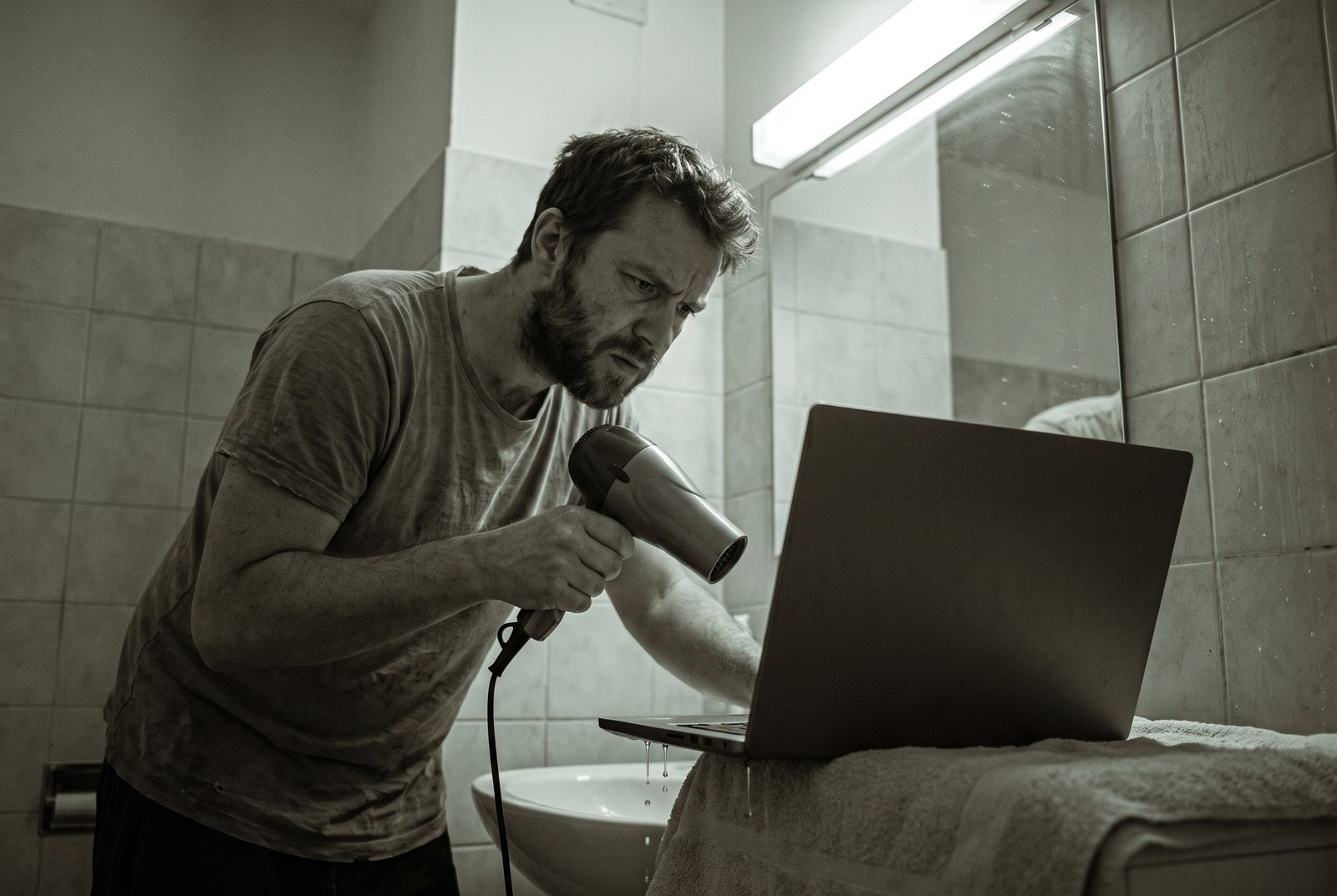 A man at a bathroom sink aims a hair dryer at a dripping open laptop.